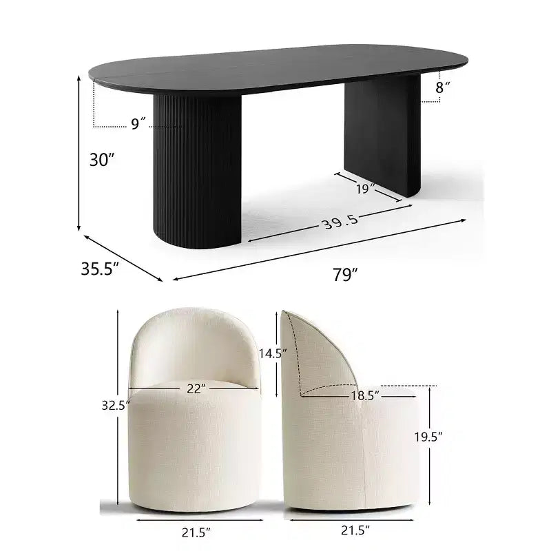 Set tavolo da pranzo per 6, tavolo ovale nero, sedie da pranzo imbottite girevoli con rotelle, ciniglia testurizzata 360 gsm - Panipeachy