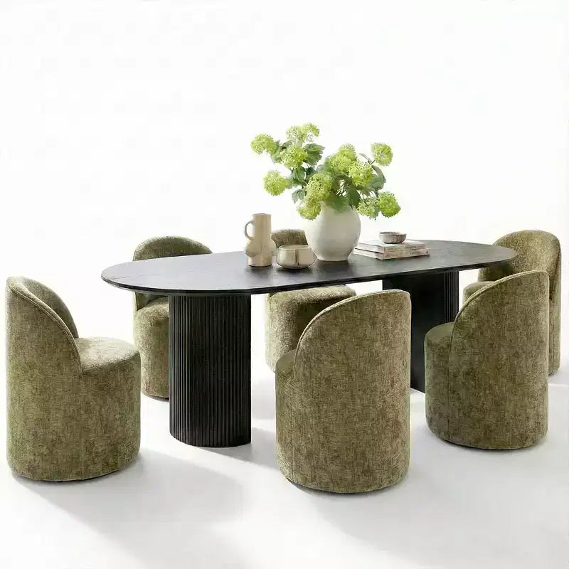 Set tavolo da pranzo per 6, tavolo ovale nero, sedie da pranzo imbottite girevoli con rotelle, ciniglia testurizzata 360 gsm - Panipeachy