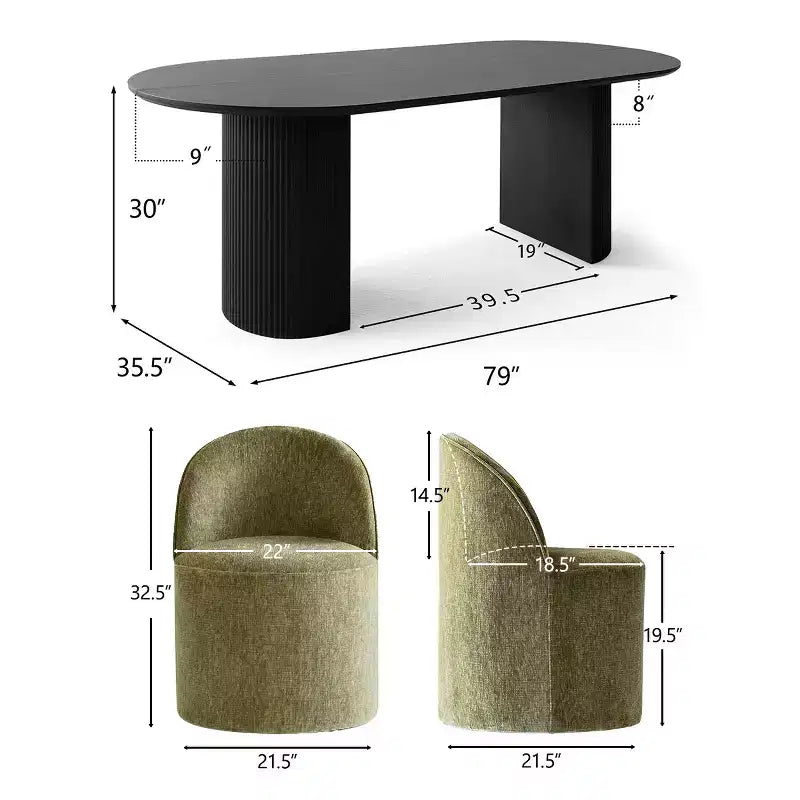 Set tavolo da pranzo per 6, tavolo ovale nero, sedie da pranzo imbottite girevoli con rotelle, ciniglia testurizzata 360 gsm - Panipeachy