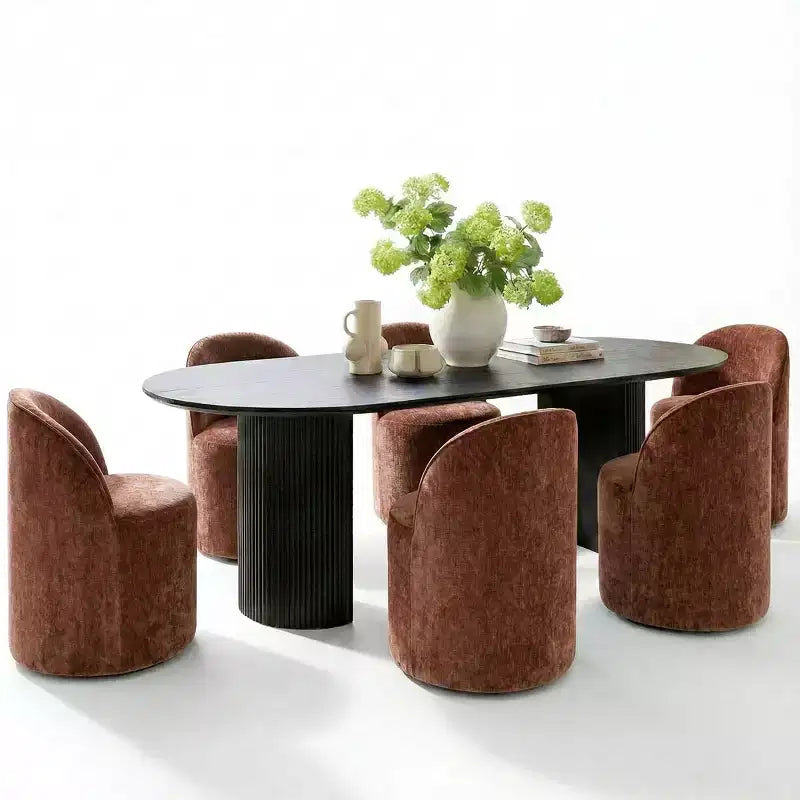 Set tavolo da pranzo per 6, tavolo ovale nero, sedie da pranzo imbottite girevoli con rotelle, ciniglia testurizzata 360 gsm - Panipeachy