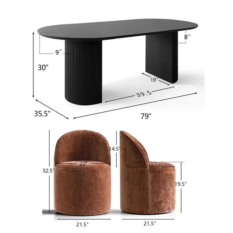 Set tavolo da pranzo per 6, tavolo ovale nero, sedie da pranzo imbottite girevoli con rotelle, ciniglia testurizzata 360 gsm - Panipeachy