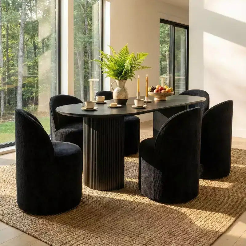 Set tavolo da pranzo per 6, tavolo ovale nero, sedie da pranzo imbottite girevoli con rotelle, ciniglia testurizzata 360 gsm - Panipeachy