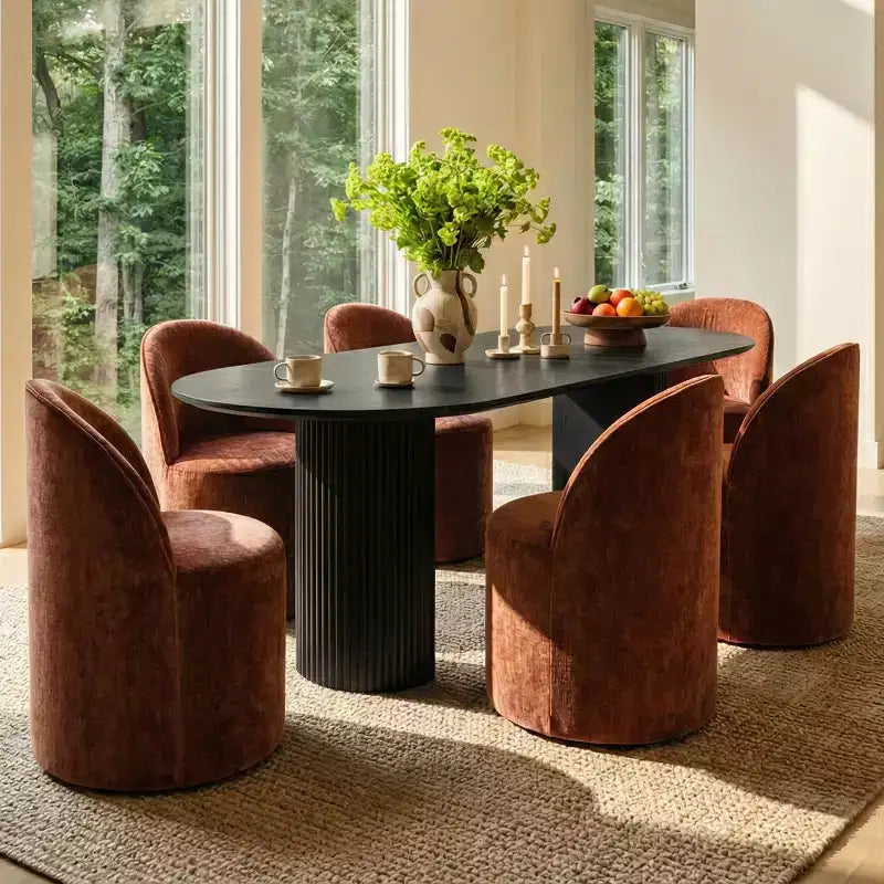 Set tavolo da pranzo per 6, tavolo ovale nero, sedie da pranzo imbottite girevoli con rotelle, ciniglia testurizzata 360 gsm - Panipeachy