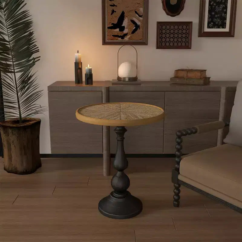 Vintage Round Pedestal End Table, French Country Accent Side Table with Woodgrain Top for Living Room or Bedroom-Panipeachy