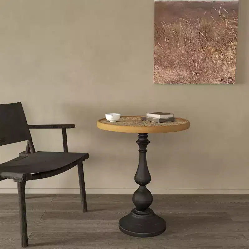 Tavolino d'appoggio rotondo vintage con piedistallo, tavolino d'accento in stile country francese con piano effetto legno per soggiorno o camera da letto - Panipeachy