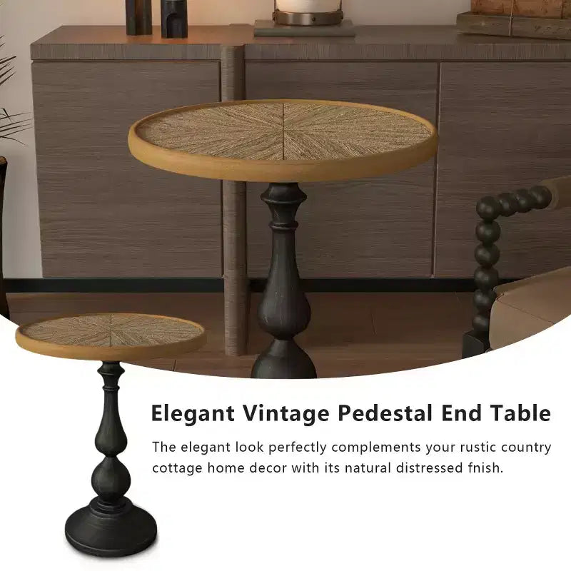 Tavolino d'appoggio rotondo vintage con piedistallo, tavolino d'accento in stile country francese con piano effetto legno per soggiorno o camera da letto - Panipeachy