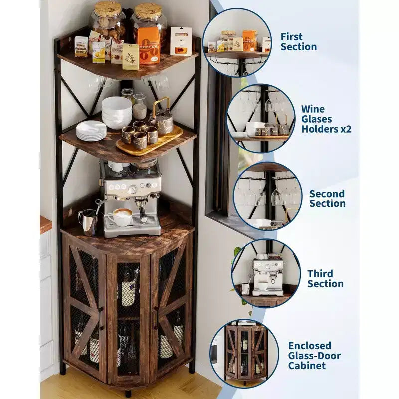 Mobile Bar Angolare con Luci a LED, Mobile ad Angolo con Presa, Spazio di Archiviazione e Portabottiglie Rimovibile, Mobile Caffè in Stile Rustico per Sala da Pranzo