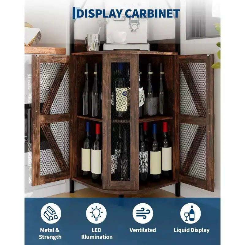 Mobile Bar Angolare con Luci a LED, Mobile ad Angolo con Presa, Spazio di Archiviazione e Portabottiglie Rimovibile, Mobile Caffè in Stile Rustico per Sala da Pranzo