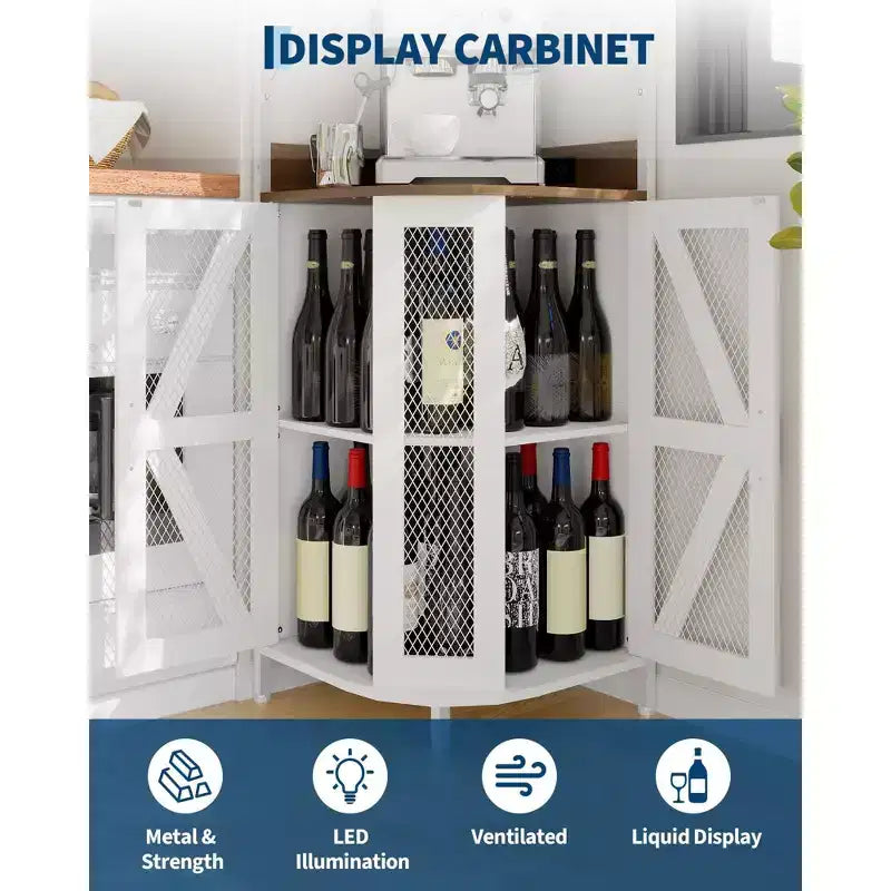 Mobile Bar Angolare con Luci a LED, Mobile ad Angolo con Presa, Spazio di Archiviazione e Portabottiglie Rimovibile, Mobile Caffè in Stile Rustico per Sala da Pranzo