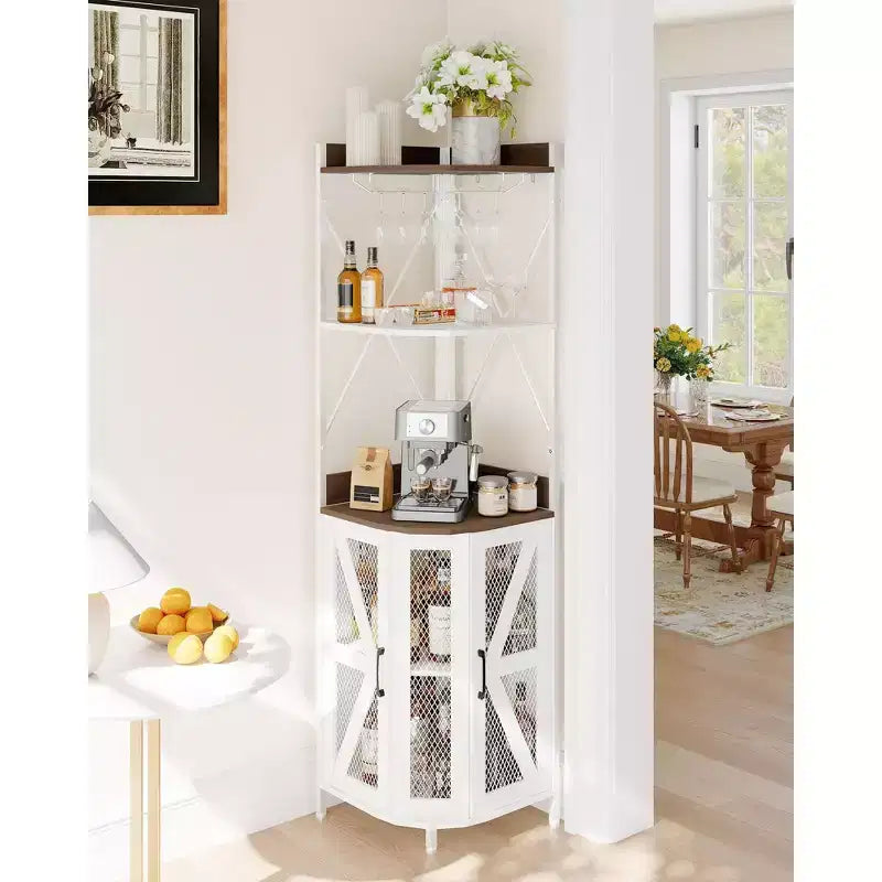 Mobile Bar Angolare con Luci a LED, Mobile ad Angolo con Presa, Spazio di Archiviazione e Portabottiglie Rimovibile, Mobile Caffè in Stile Rustico per Sala da Pranzo