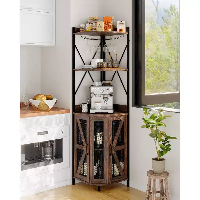 Mobile Bar Angolare con Luci a LED, Mobile ad Angolo con Presa, Spazio di Archiviazione e Portabottiglie Rimovibile, Mobile Caffè in Stile Rustico per Sala da Pranzo