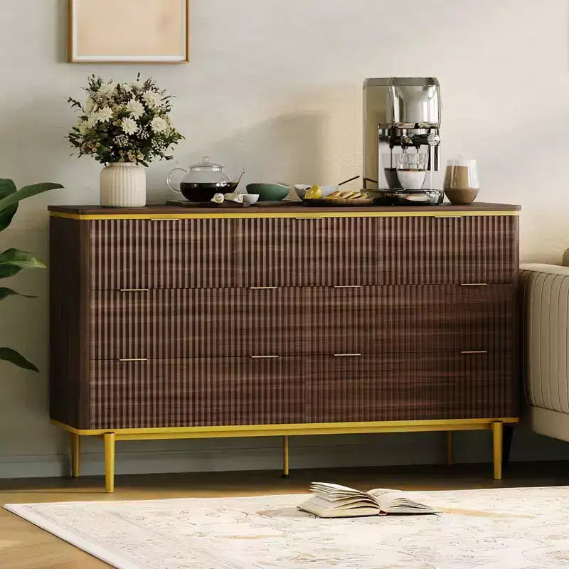 Comò a 7 cassetti per camera da letto, cassettiera in legno da 54W con maniglie dorate, comò scanalato come porta TV, cassettiere organizer per soggiorno