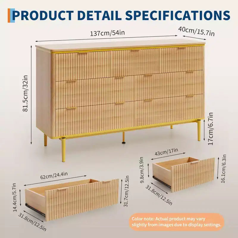 Comò a 7 cassetti per camera da letto, cassettiera in legno da 54W con maniglie dorate, comò scanalato come porta TV, cassettiere organizer per soggiorno