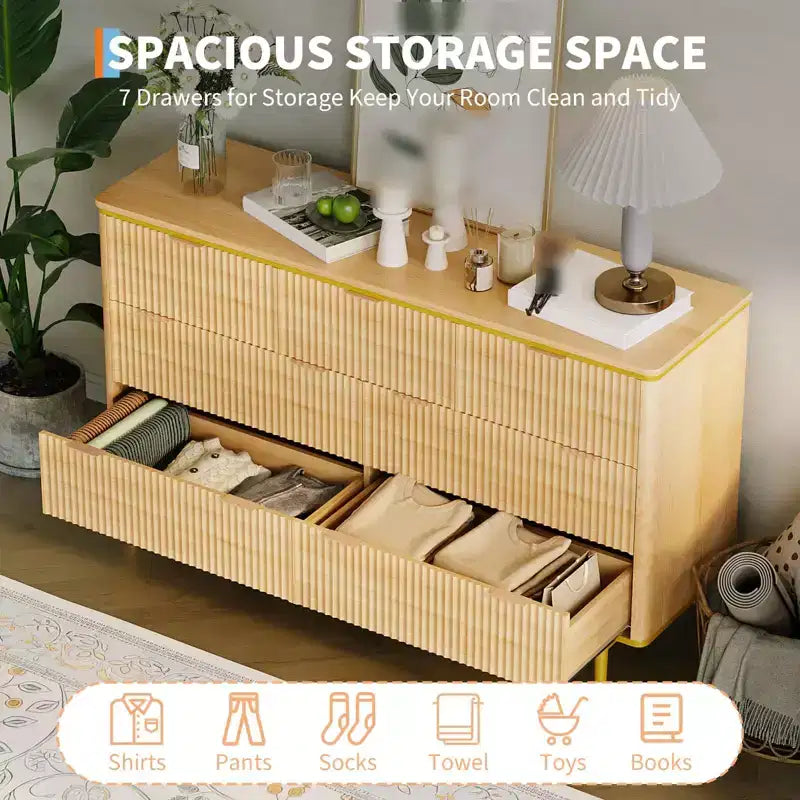 Comò a 7 cassetti per camera da letto, cassettiera in legno da 54W con maniglie dorate, comò scanalato come porta TV, cassettiere organizer per soggiorno