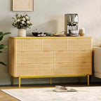 Comò a 7 cassetti per camera da letto, cassettiera in legno da 54W con maniglie dorate, comò scanalato come porta TV, cassettiere organizer per soggiorno