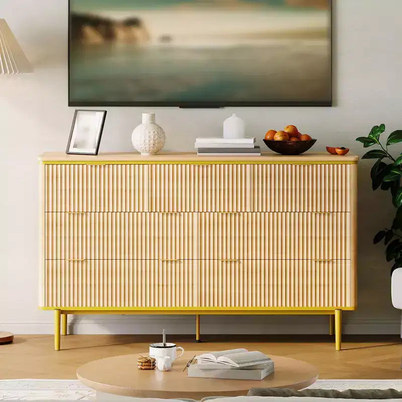 Comò a 7 cassetti per camera da letto, cassettiera in legno da 54W con maniglie dorate, comò scanalato come porta TV, cassettiere organizer per soggiorno