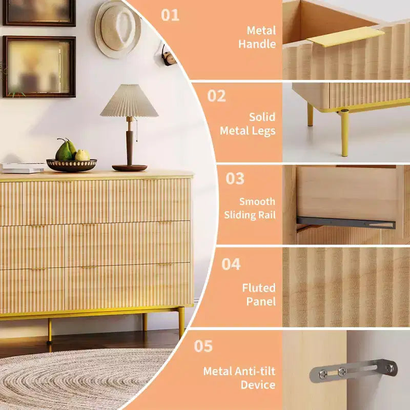 Comò a 7 cassetti per camera da letto, cassettiera in legno da 54W con maniglie dorate, comò scanalato come porta TV, cassettiere organizer per soggiorno