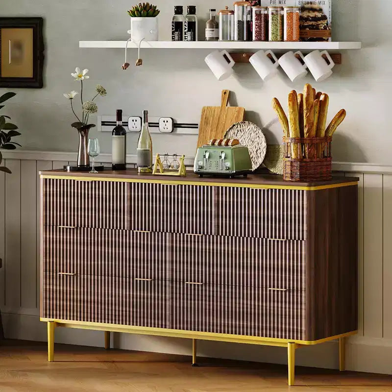 Comò a 7 cassetti per camera da letto, cassettiera in legno da 54W con maniglie dorate, comò scanalato come porta TV, cassettiere organizer per soggiorno