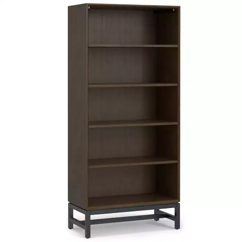 Devlin SOLID HARDWOOD and Metal 66 inch x 30 inchRectangle Industrial Mid Century Open Shelf Bookcase in Walnut Brown