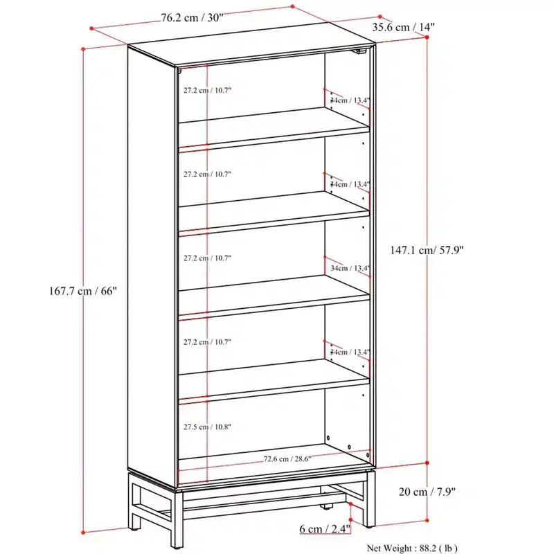 Libreria Devlin in LEGNO MASSELLO e metallo, 168 cm x 76 cm, rettangolare, stile industriale, metà secolo, con ripiani aperti, colore noce marrone