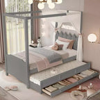 Struttura letto a baldacchino con piattaforma, misure Twin/Full, con testiera imbottita a corona, letto estraibile e 3 cassetti - ModernLuxe