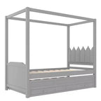 Struttura letto a baldacchino con piattaforma, misure Twin/Full, con testiera imbottita a corona, letto estraibile e 3 cassetti - ModernLuxe