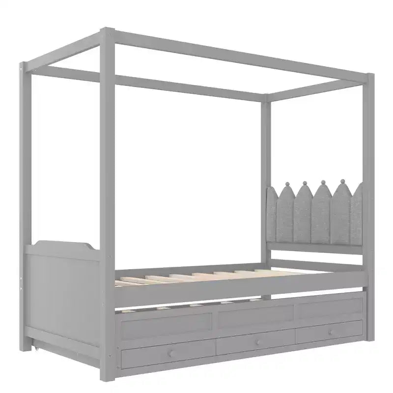 Struttura letto a baldacchino con piattaforma, misure Twin/Full, con testiera imbottita a corona, letto estraibile e 3 cassetti - ModernLuxe