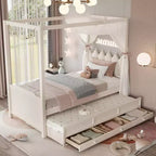 Struttura letto a baldacchino con piattaforma, misure Twin/Full, con testiera imbottita a corona, letto estraibile e 3 cassetti - ModernLuxe
