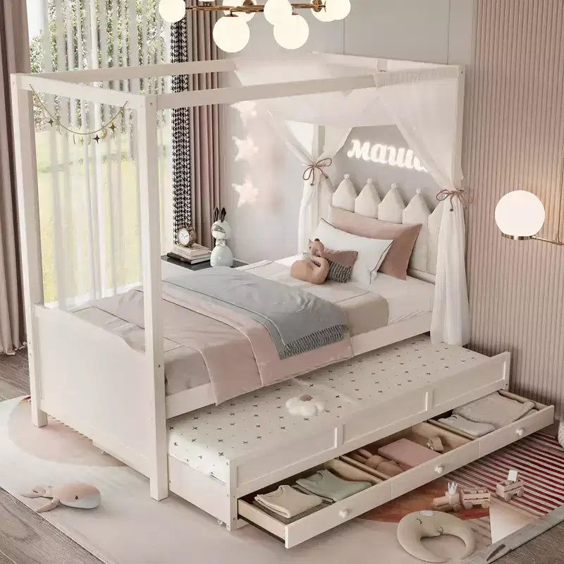 Struttura letto a baldacchino con piattaforma, misure Twin/Full, con testiera imbottita a corona, letto estraibile e 3 cassetti - ModernLuxe