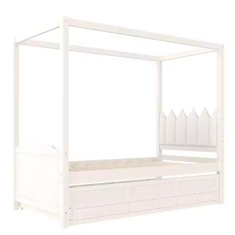 Struttura letto a baldacchino con piattaforma, misure Twin/Full, con testiera imbottita a corona, letto estraibile e 3 cassetti - ModernLuxe