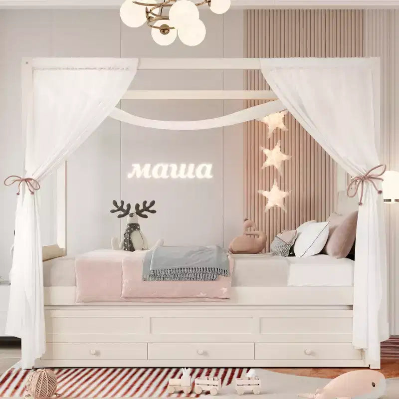 Twin/Full Size Platform Bed Canopy Bed Frame with Upholstered Crown Headboard, Pull-Out Trundle & 3 Drawers - ModernLuxe