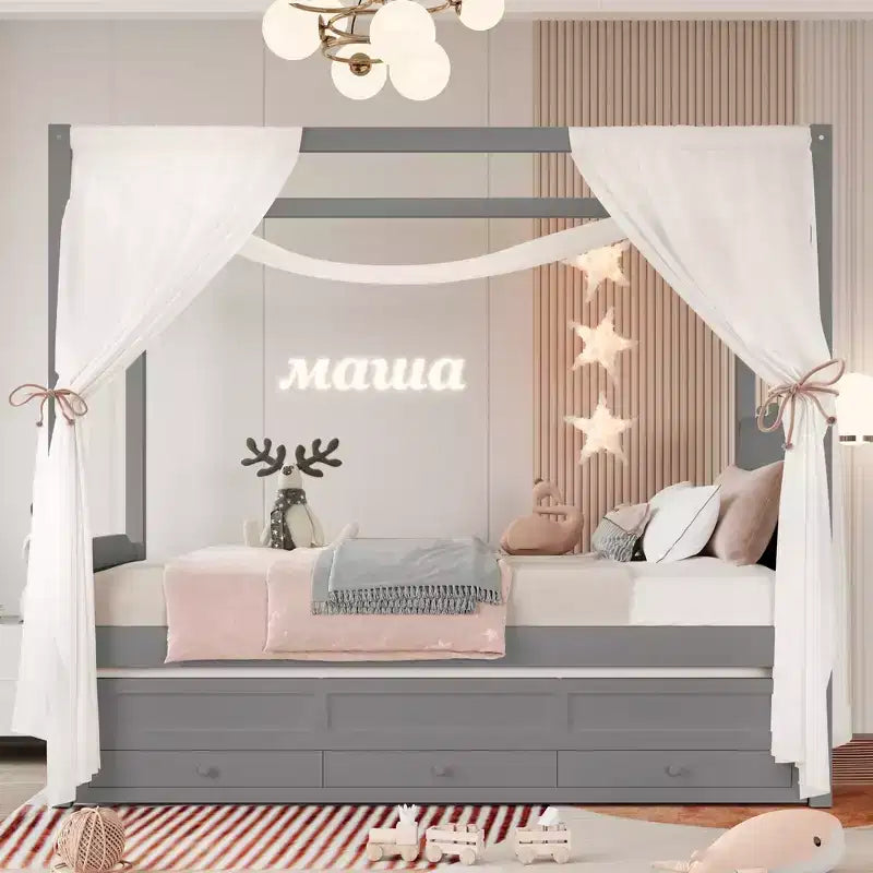 Struttura letto a baldacchino con piattaforma, misure Twin/Full, con testiera imbottita a corona, letto estraibile e 3 cassetti - ModernLuxe