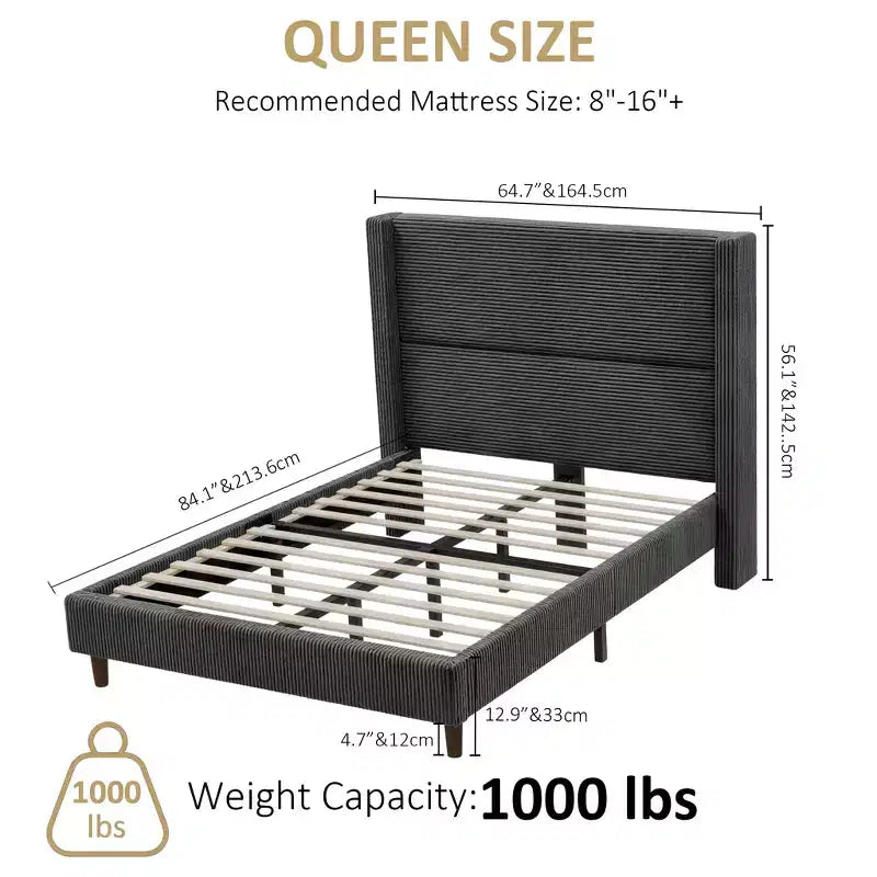 Letto a piattaforma imbottito Dyonery Queen Size, letto Wingback con testiera da 56,1 pollici in velluto a coste/gambe in legno massello/nessuna rete a molle necessaria/senza rumore