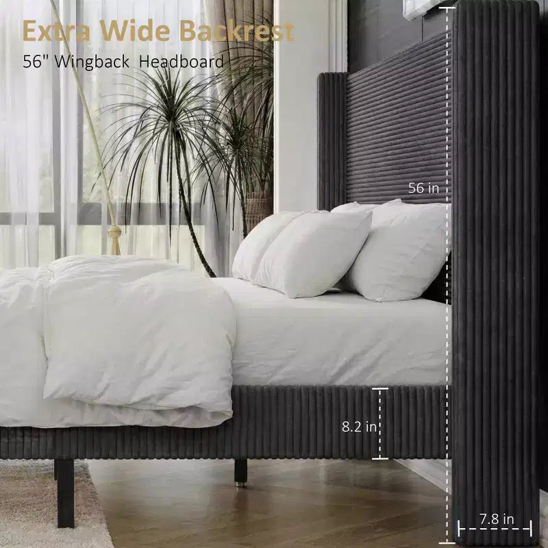 Letto a piattaforma imbottito Dyonery Queen Size, letto Wingback con testiera da 56,1 pollici in velluto a coste/gambe in legno massello/nessuna rete a molle necessaria/senza rumore