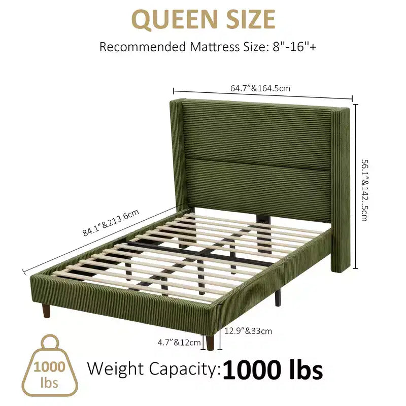 Letto a piattaforma imbottito Dyonery Queen Size, letto Wingback con testiera da 56,1 pollici in velluto a coste/gambe in legno massello/nessuna rete a molle necessaria/senza rumore