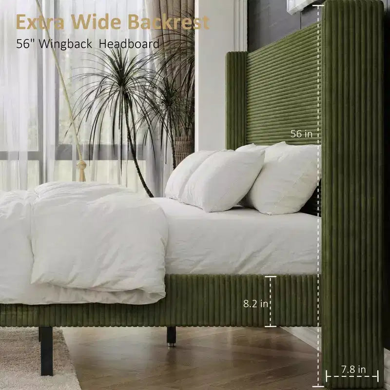 Letto a piattaforma imbottito Dyonery Queen Size, letto Wingback con testiera da 56,1 pollici in velluto a coste/gambe in legno massello/nessuna rete a molle necessaria/senza rumore