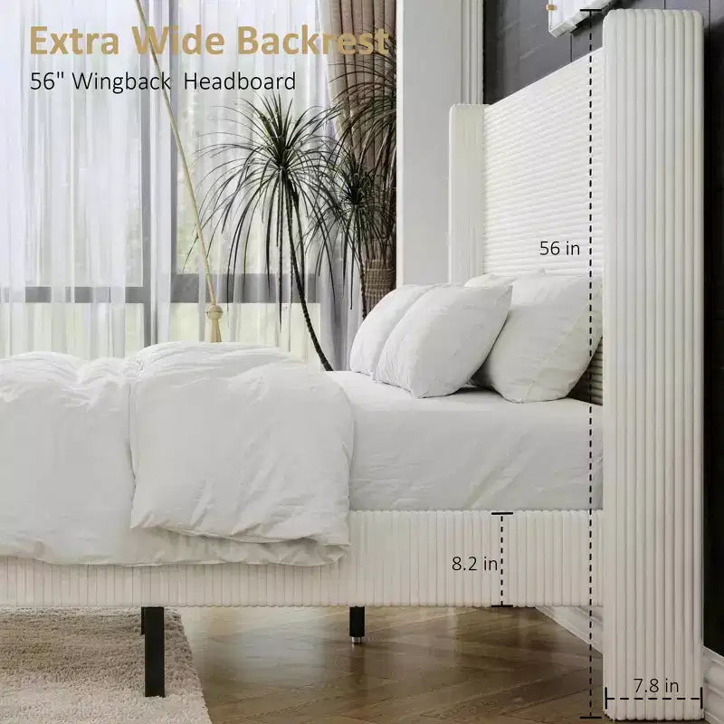 Letto a piattaforma imbottito Dyonery Queen Size, letto Wingback con testiera da 56,1 pollici in velluto a coste/gambe in legno massello/nessuna rete a molle necessaria/senza rumore