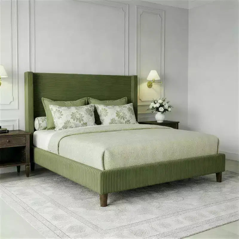Letto a piattaforma imbottito Dyonery Queen Size, letto Wingback con testiera da 56,1 pollici in velluto a coste/gambe in legno massello/nessuna rete a molle necessaria/senza rumore