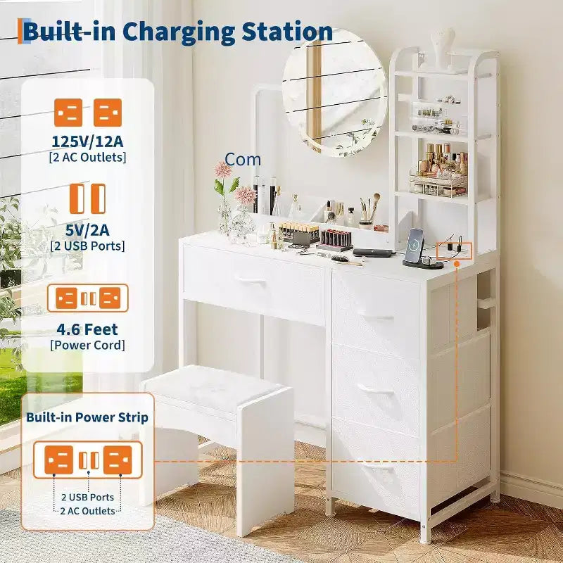 Piccola scrivania da trucco con specchio rotondo illuminato e presa di corrente, moderno tavolino da trucco con 4 cassetti in tessuto e 3 ripiani, per camera da letto