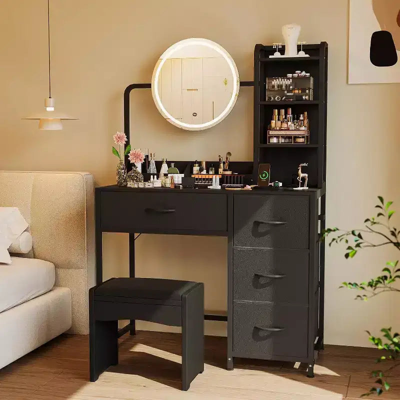Piccola scrivania da trucco con specchio rotondo illuminato e presa di corrente, moderno tavolino da trucco con 4 cassetti in tessuto e 3 ripiani, per camera da letto
