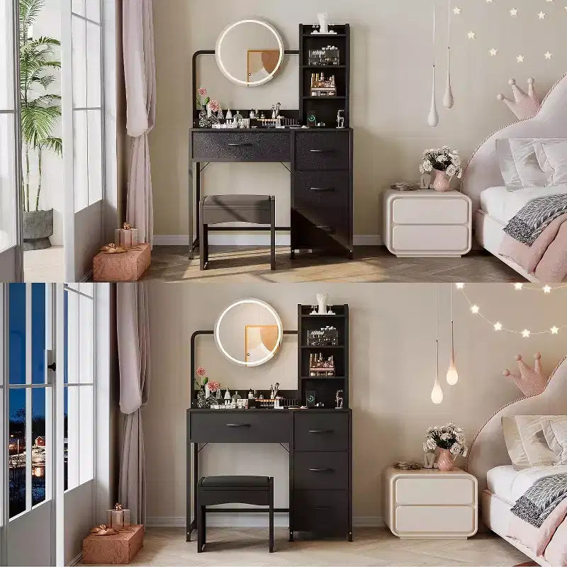 Piccola scrivania da trucco con specchio rotondo illuminato e presa di corrente, moderno tavolino da trucco con 4 cassetti in tessuto e 3 ripiani, per camera da letto
