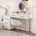 Velvet Upholstered Vanity Desk with Chair, Makeup Vanity Set with 5 Big Drawers,Dressing Table and Chair Set for Girls Bedroom