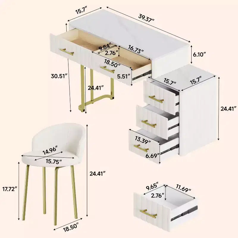 Toeletta con Sgabello Rivestita in Velluto, Set Toeletta Trucco con 5 Grandi Cassetti, Set Tavolo e Sedia da Trucco per la Camera da Letto delle Ragazze
