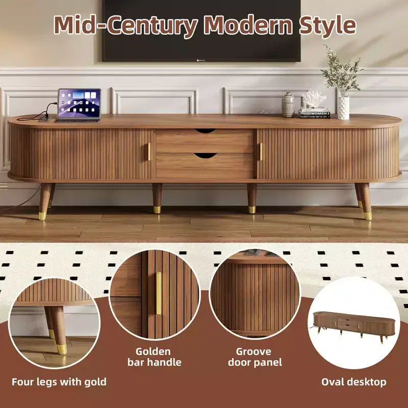 Mobile porta TV ovale scanalato in legno di noce MAYEERTY, console multimediale di metà secolo con stazione di ricarica per TV da 80 pollici