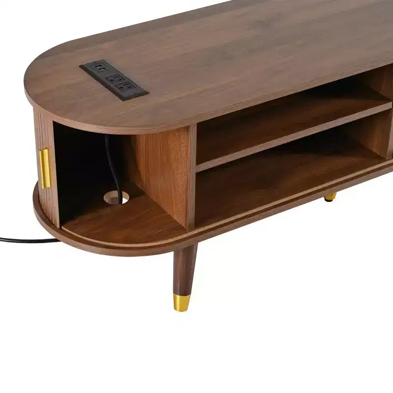 Mobile porta TV ovale scanalato in legno di noce MAYEERTY, console multimediale di metà secolo con stazione di ricarica per TV da 80 pollici