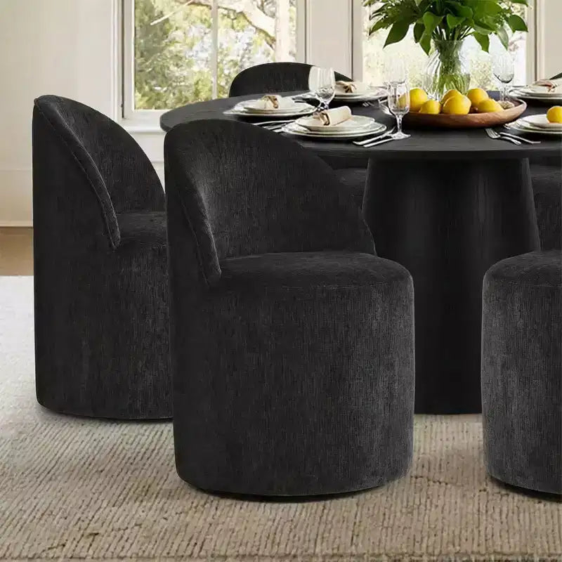 Set da pranzo rotondo moderno per 6 persone, tavolo da pranzo nero con piedistallo, sedie a botte girevoli in ciniglia con ruote - Panipeachy