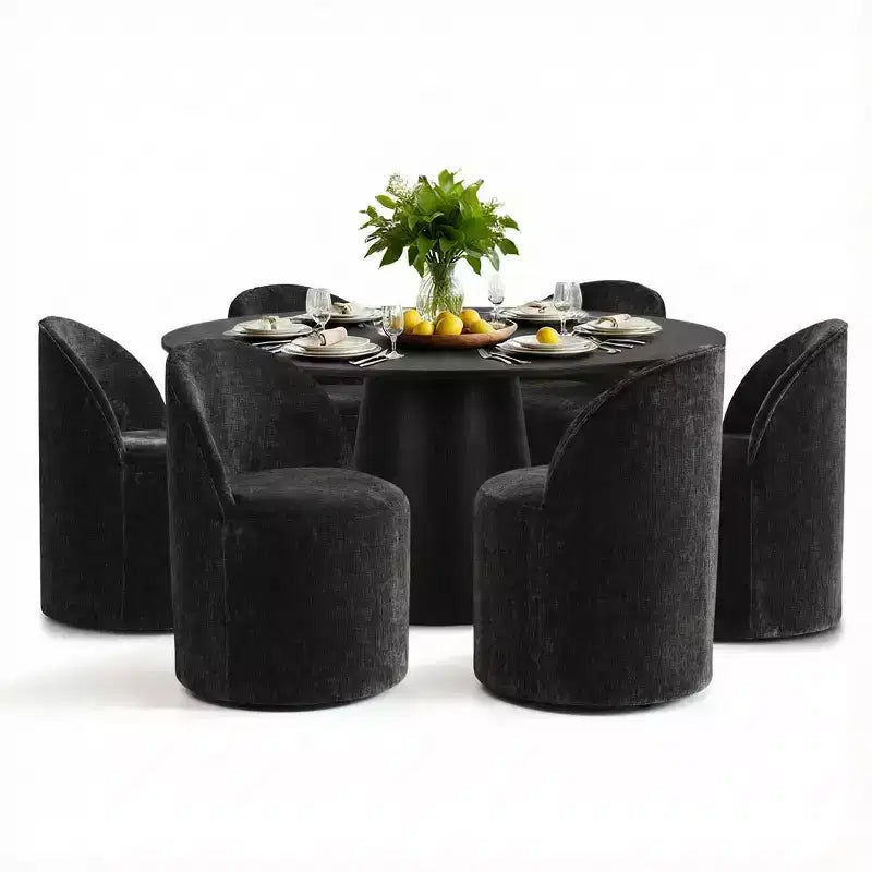 Set da pranzo rotondo moderno per 6 persone, tavolo da pranzo nero con piedistallo, sedie a botte girevoli in ciniglia con ruote - Panipeachy
