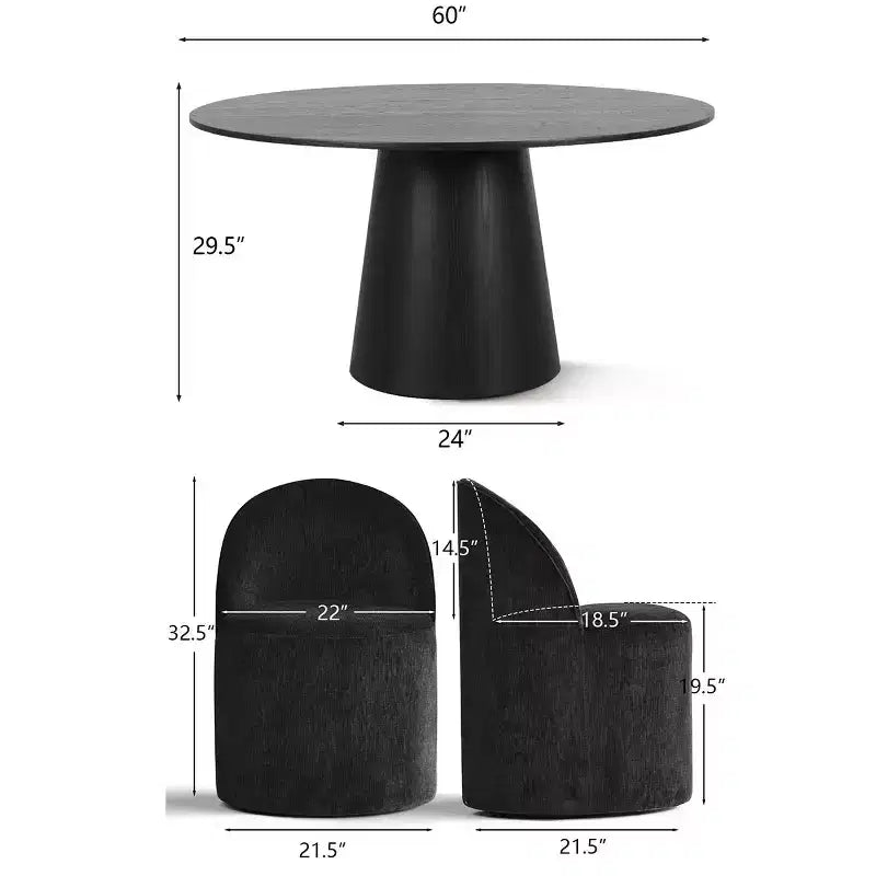 Set da pranzo rotondo moderno per 6 persone, tavolo da pranzo nero con piedistallo, sedie a botte girevoli in ciniglia con ruote - Panipeachy