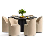 Set da pranzo rotondo moderno per 6 persone, tavolo da pranzo nero con piedistallo, sedie a botte girevoli in ciniglia con ruote - Panipeachy