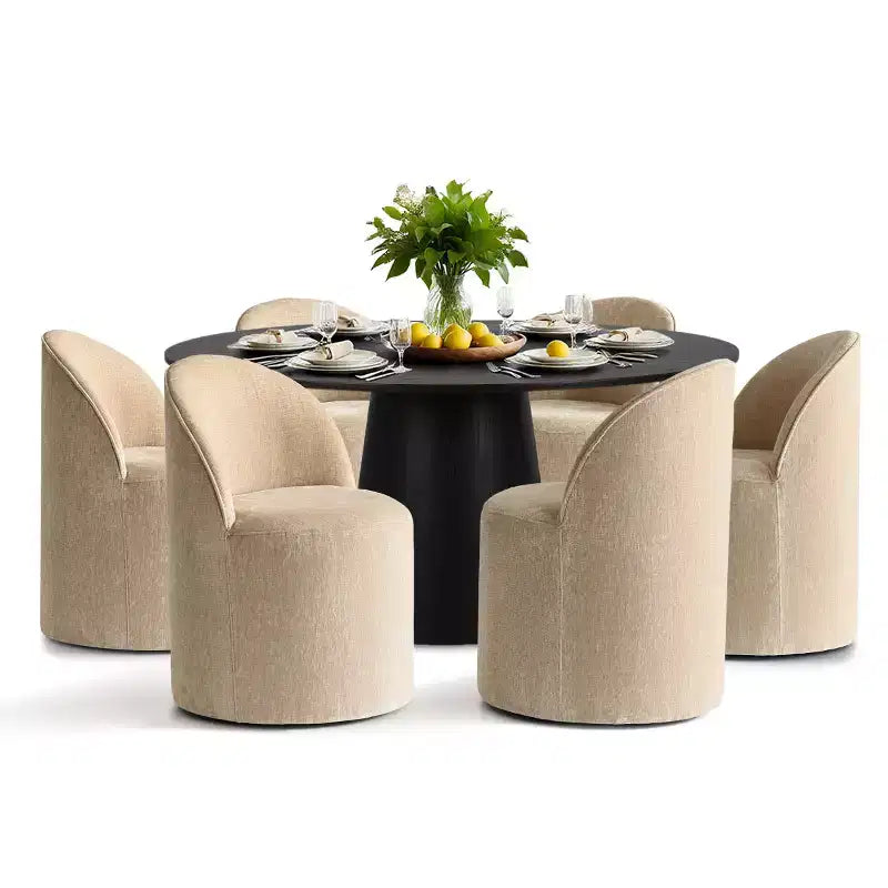 Set da pranzo rotondo moderno per 6 persone, tavolo da pranzo nero con piedistallo, sedie a botte girevoli in ciniglia con ruote - Panipeachy